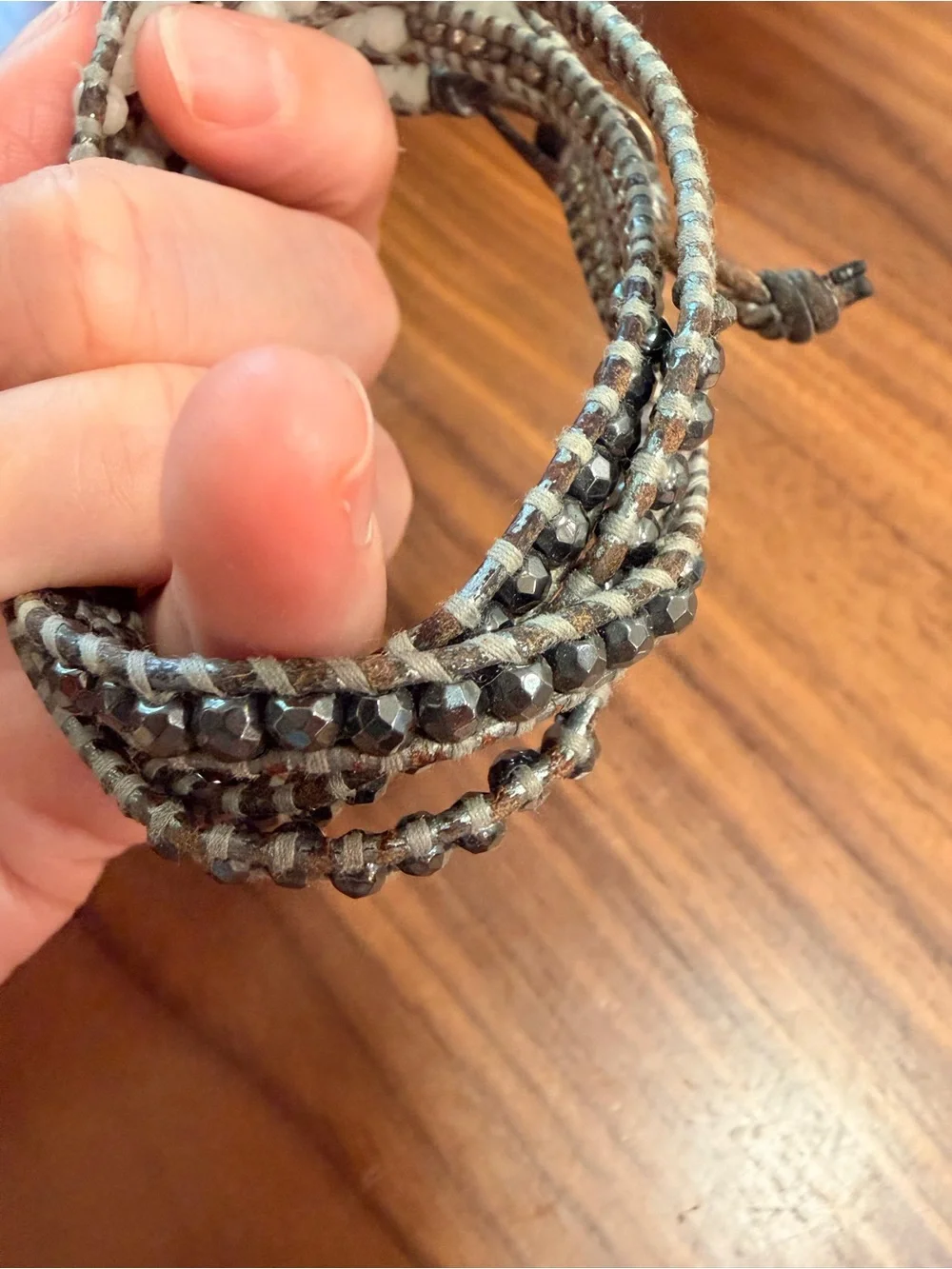 Chan Luu Wrap Bracelet Silver Tone and White Faceted Beads Gray and Brown